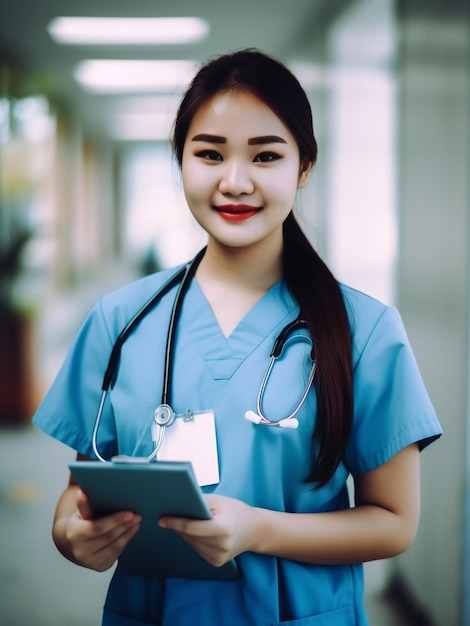 Uma mulher de uniforme azul tem um tablet na mão.