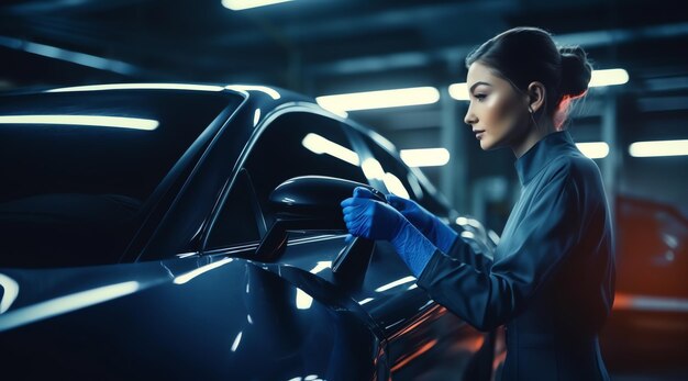 Uma mulher de uniforme azul verifica o interior de um carro.