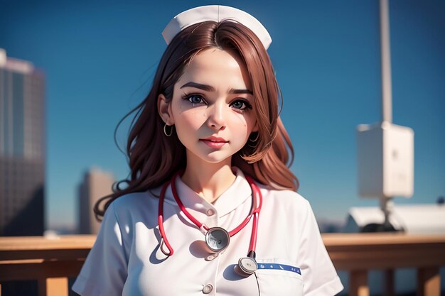 Foto uma mulher de uniforme branco com um estetoscópio ao pescoço está em frente a uma paisagem urbana.