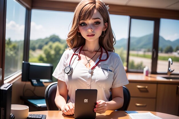 Uma mulher de uniforme branco com um telefone nas mãos