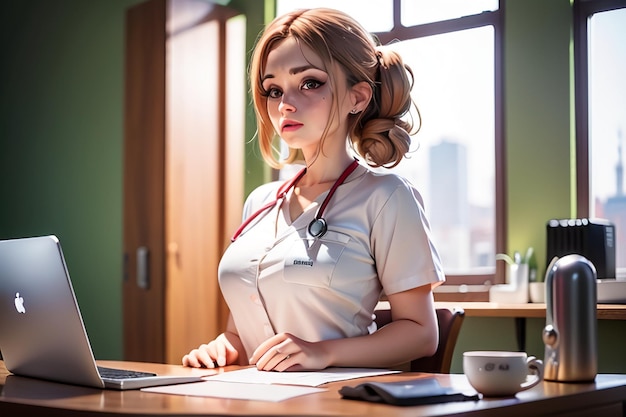 Uma mulher de uniforme branco senta-se em uma mesa em frente a uma janela que diz 'doutor'