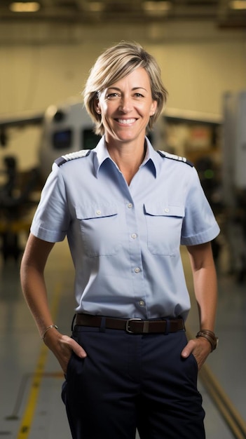 Foto uma mulher de uniforme com um sorriso no rosto