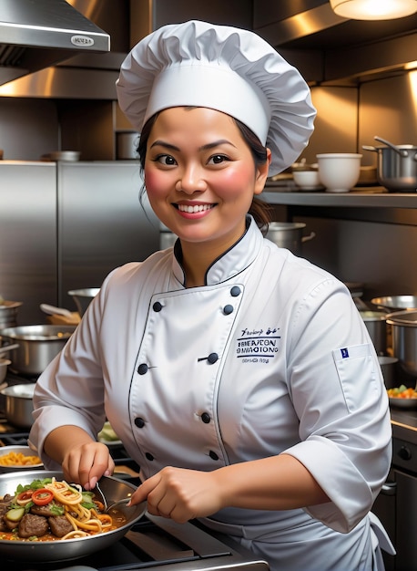 uma mulher de uniforme de chef está preparando comida