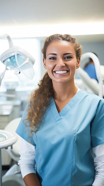 Uma mulher de uniforme dentário.