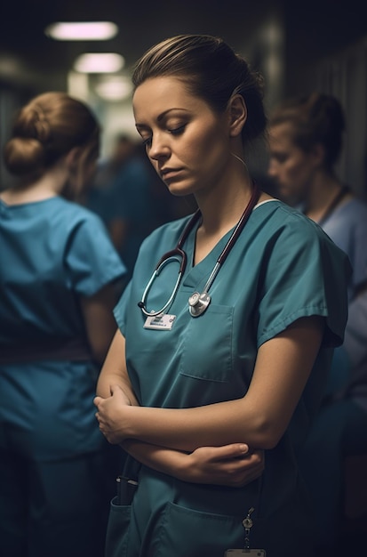 Uma mulher de uniforme está em um quarto escuro com os braços cruzados.