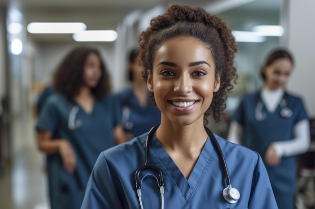 Uma mulher de uniforme fica em um corredor com outras pessoas ao fundo.