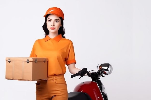 Uma mulher de uniforme laranja está segurando uma caixa na frente de uma scooter