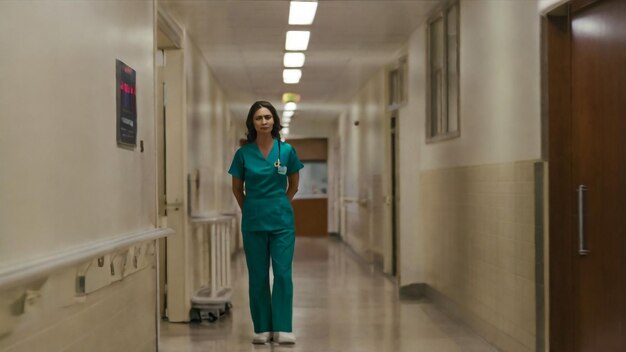 Foto uma mulher de uniforme médico está andando pelo corredor do hospital.