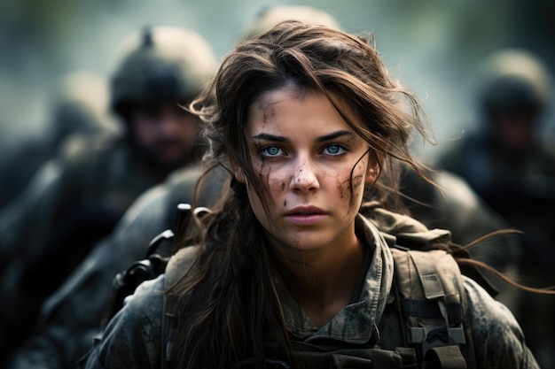 uma mulher de uniforme militar com um grupo de soldados atrás dela