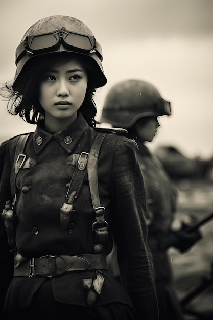 uma mulher de uniforme militar com uma arma na mão e um soldado ao fundo.