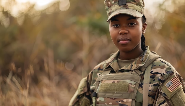 Uma mulher de uniforme militar está de pé numa floresta