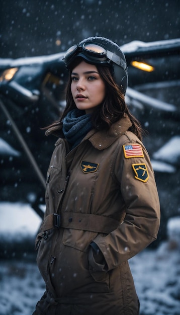 uma mulher de uniforme militar está na neve