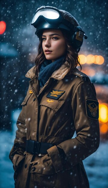 uma mulher de uniforme militar está na neve