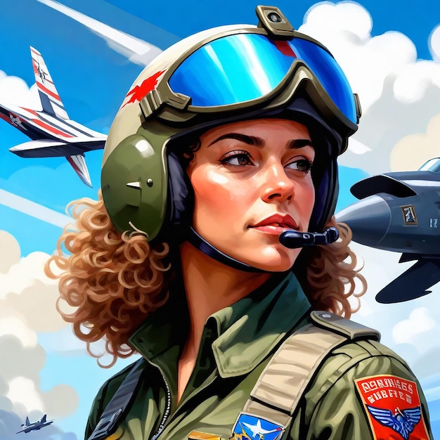 uma mulher de uniforme militar está usando um capacete e um capacete que diz força aérea