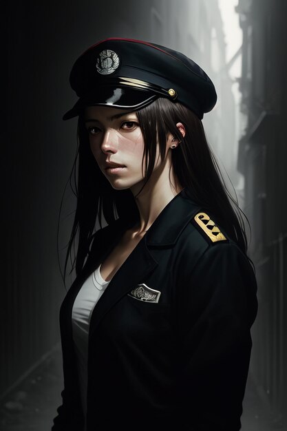 Uma mulher de uniforme preto com o nome " o nome " na frente.