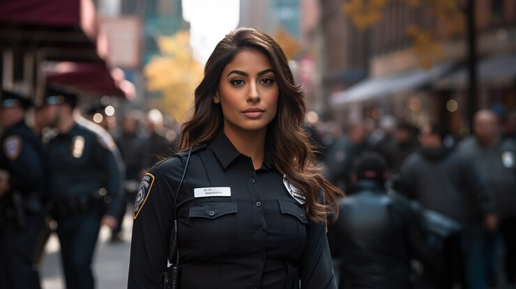 Foto uma mulher de uniforme preto com um distintivo no pescoço está andando por uma rua movimentada
