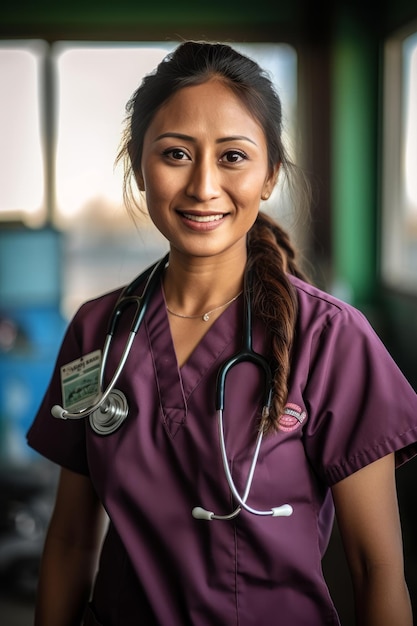 Uma mulher de uniforme roxo e um estetoscópio com a palavra saúde.