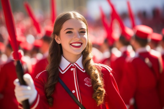uma mulher de uniforme vermelho com um uniforme branco e vermelho que diz uma na frente
