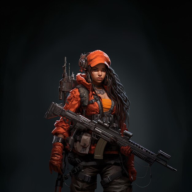 Foto uma mulher de uniforme vermelho com uma arma na mão e as palavras ela tem uma arma nas costas