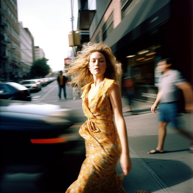 Uma mulher de vestido amarelo está a caminhar pela rua.