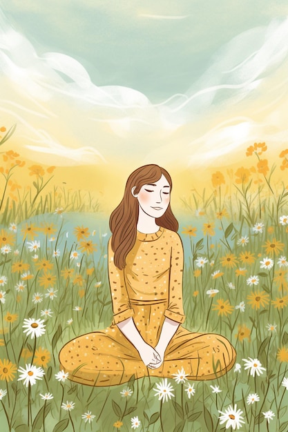 Uma mulher de vestido amarelo está sentada em um campo de flores com os olhos fechados.