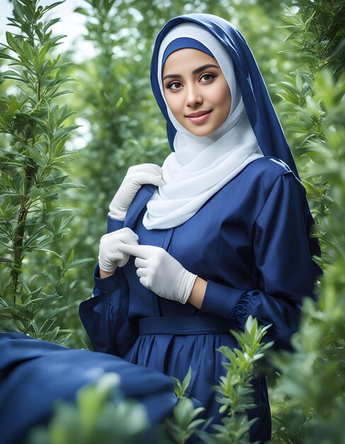 uma mulher de vestido azul está de pé num campo com uma planta na mão