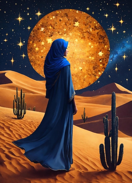 uma mulher de vestido azul está olhando para uma lua cheia