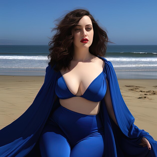 Foto uma mulher de vestido azul está sentada na praia