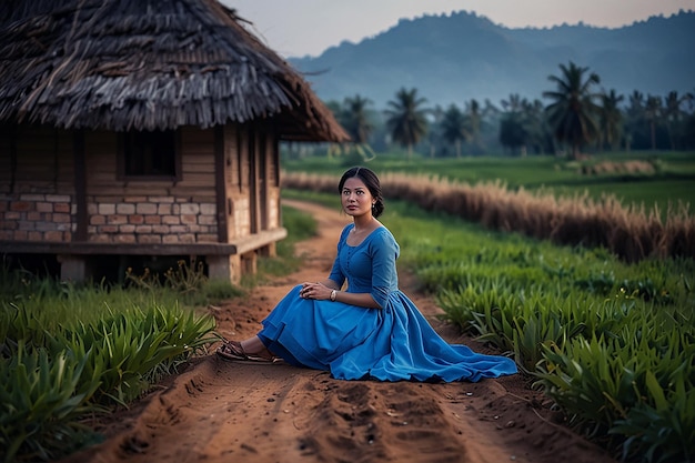 uma mulher de vestido azul senta-se no meio de um campo