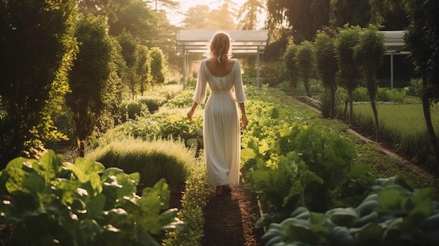 uma mulher de vestido branco andando no jardim