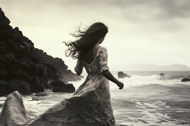Uma mulher de vestido branco caminha na praia e o vento sopra em seus cabelos.