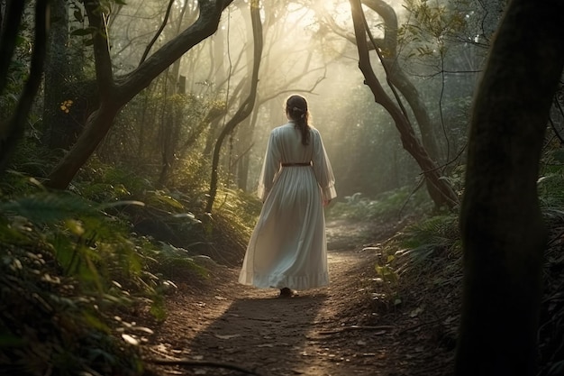 Uma mulher de vestido branco caminha por uma floresta.