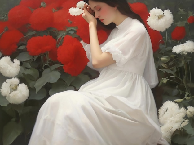 Uma mulher de vestido branco com flores vermelhas ao fundo