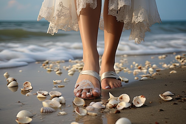 Uma mulher de vestido branco está andando na praia