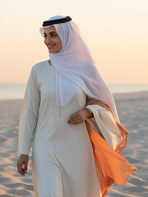 Foto uma mulher de vestido branco está andando na praia