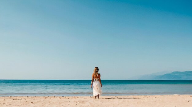 Foto uma mulher de vestido branco está de pé na praia