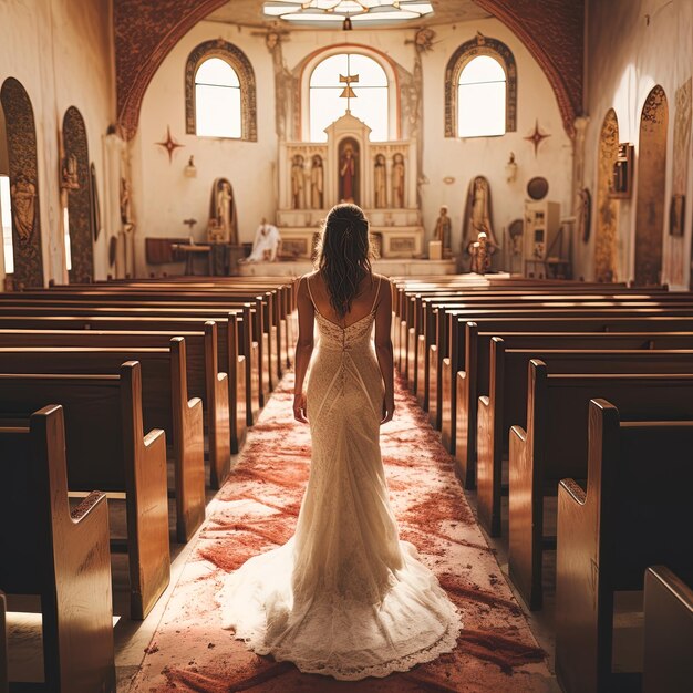 uma mulher de vestido branco está de pé numa igreja