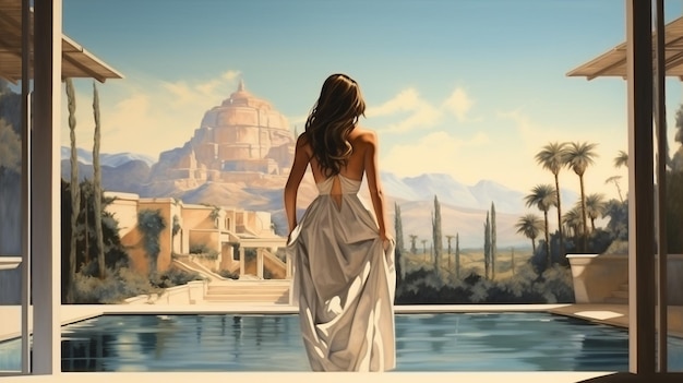uma mulher de vestido branco está de pé numa piscina com uma montanha ao fundo