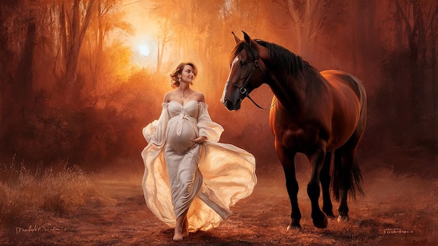 Foto uma mulher de vestido branco está liderando um cavalo