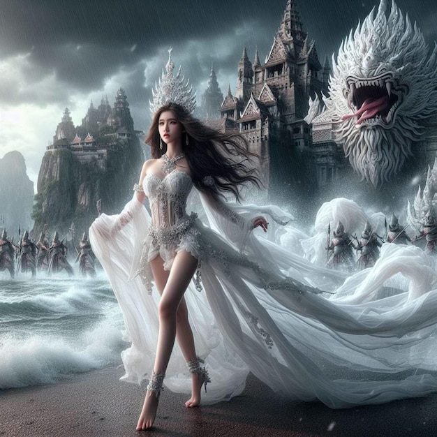 uma mulher de vestido branco está posando na frente de um dragão