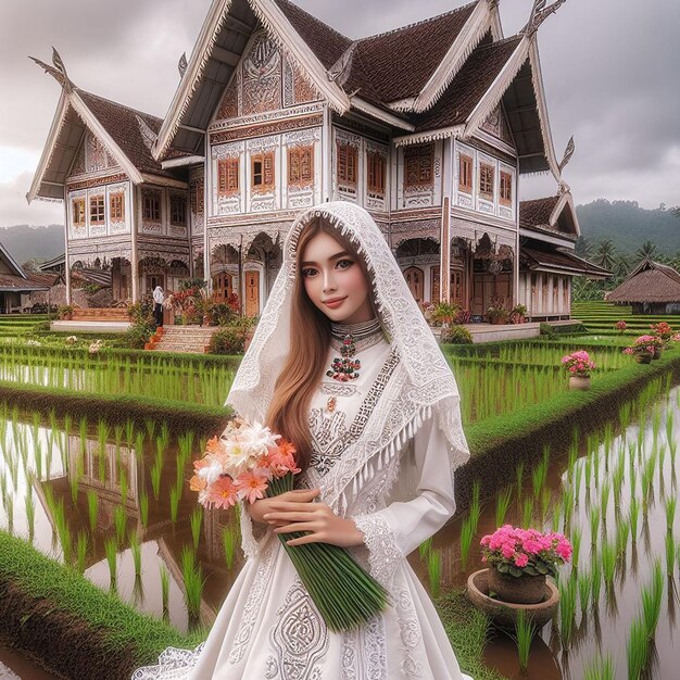 Foto uma mulher de vestido branco está segurando um buquê de flores