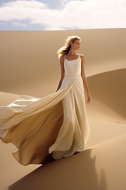 Uma mulher de vestido branco fica na areia do deserto.