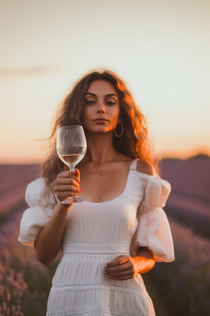 Uma mulher de vestido branco segura uma taça de vinho em um campo de lavanda