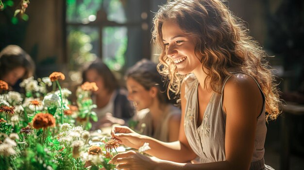 Foto uma mulher de vestido branco sorri em uma mesa com flores