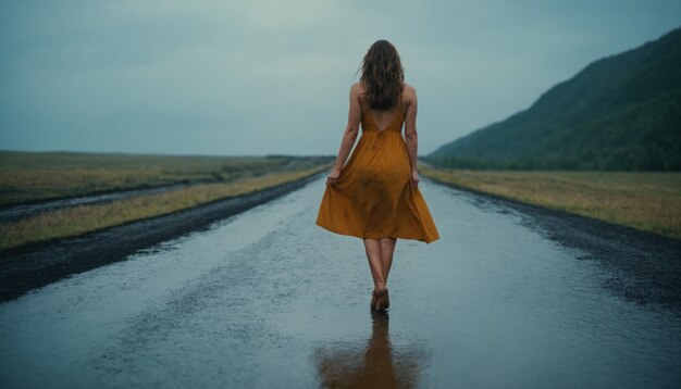 Uma mulher de vestido caminha ao longo de uma estrada de asfalto molhada suja O mau tempo de outono Vista de trás