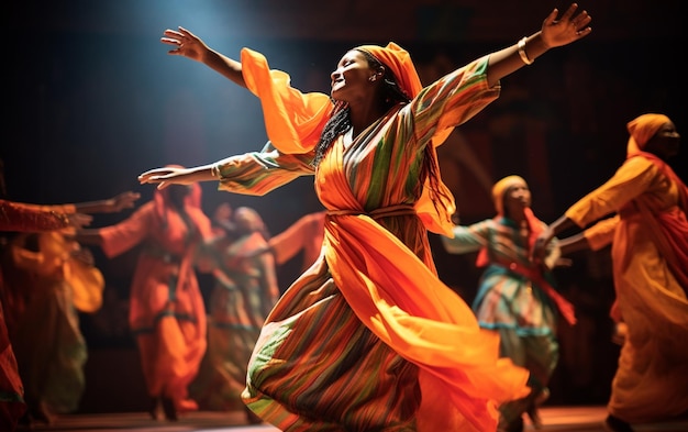 uma mulher de vestido colorido está dançando em um show