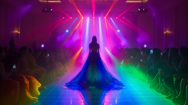 uma mulher de vestido colorido está de pé na frente de uma luz colorida
