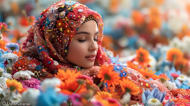 Foto uma mulher de vestido colorido está deitada em uma cama com flores