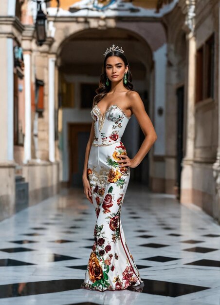 uma mulher de vestido com flores na parte de baixo