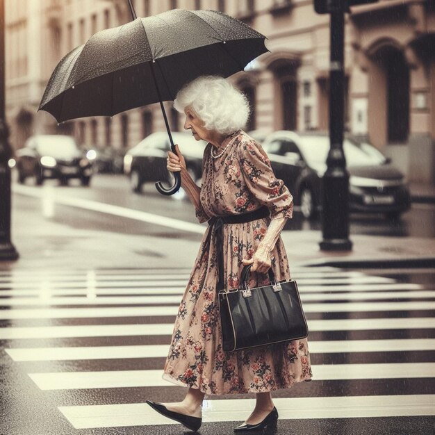 Foto uma mulher de vestido com um guarda-chuva está atravessando a rua